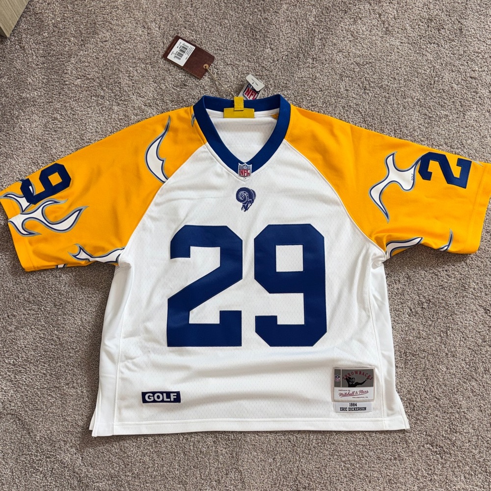 Mitchell & Ness Dickerson Yellow and White Jersey with Blue Number 29 Rams
